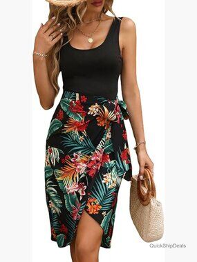 Tropical Print Knot Side Wrap Hem Tank Dress